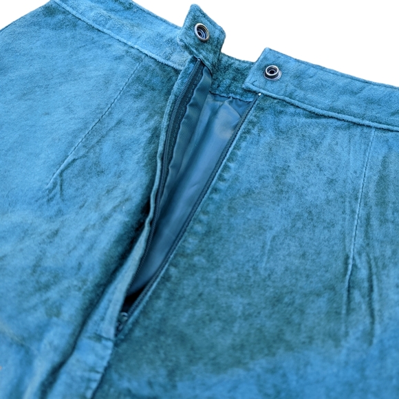 Green Turquoise Vintage 80s Suede Pencil Skirt High Rise Pleat Miniskirt Size 7 - Picture 8 of 10